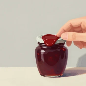 A hand checking the red wax seal on a jar of jam before opening it