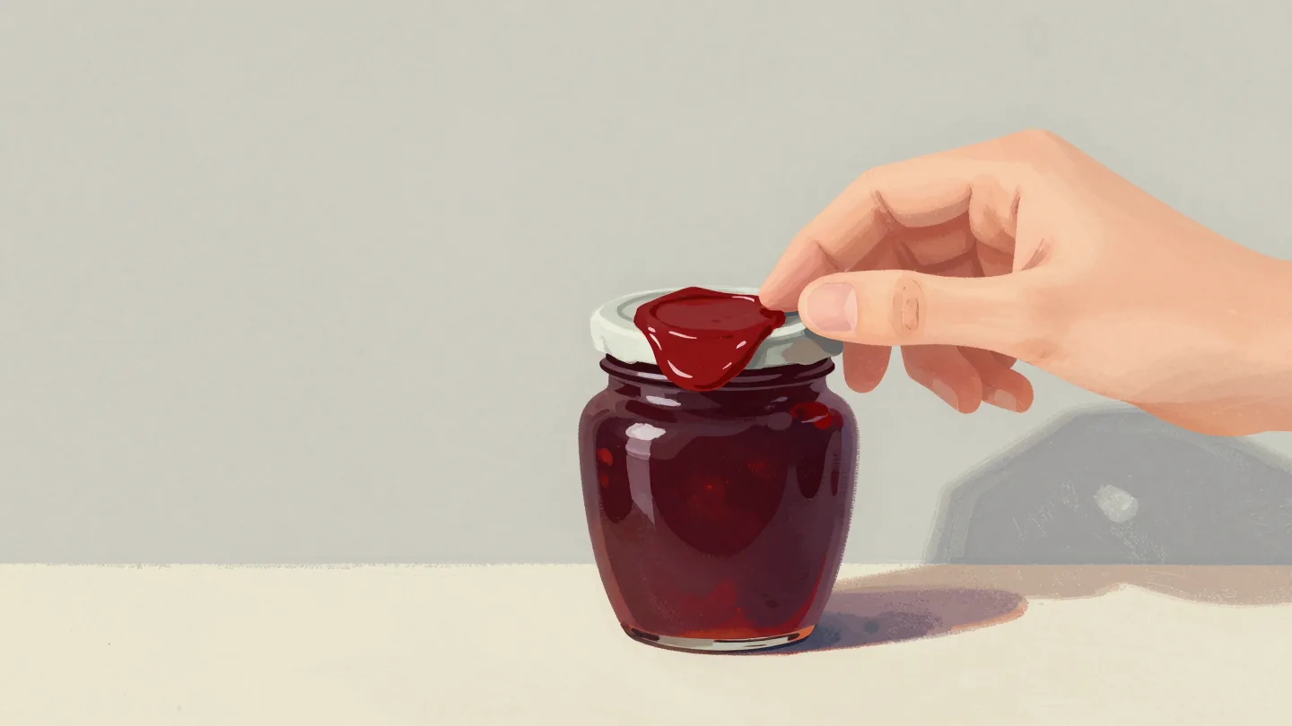 A hand checking the red wax seal on a jar of jam before opening it