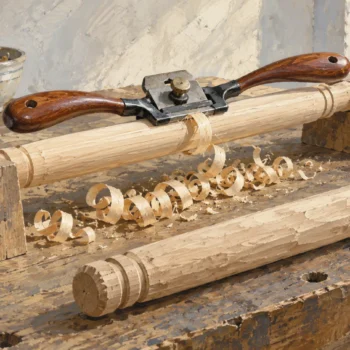 A spokeshave follows a straight spindle, leaving neatly aligned wood shavings