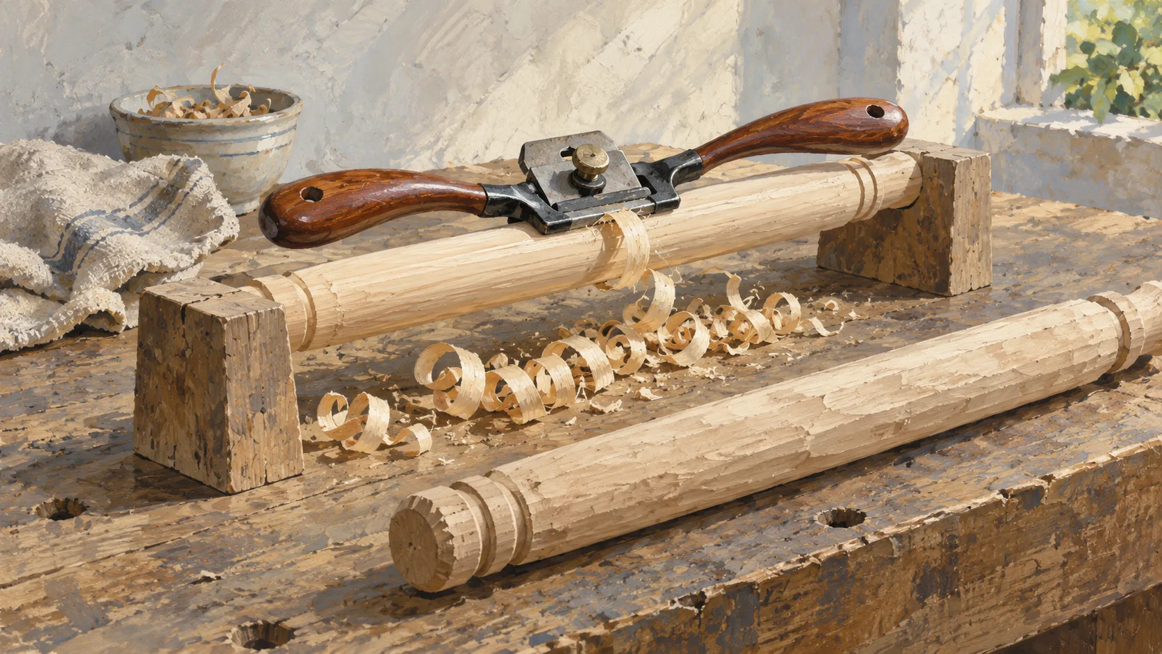 A spokeshave follows a straight spindle, leaving neatly aligned wood shavings