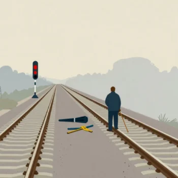 A worker seen from behind lays tools beside a closed stretch of railway while a distant train waits at a signal.
