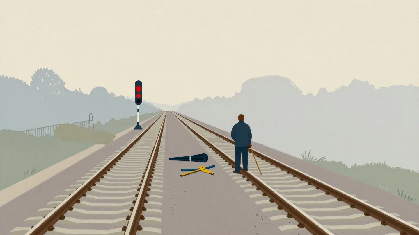 A worker seen from behind lays tools beside a closed stretch of railway while a distant train waits at a signal.