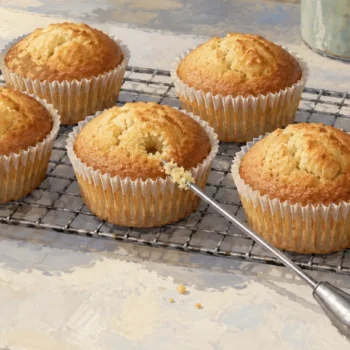 A cake tester with damp crumbs beside several small cakes from one batch