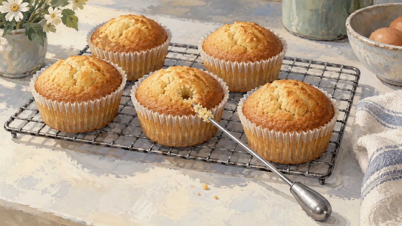 A cake tester with damp crumbs beside several small cakes from one batch