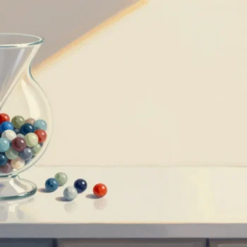 Marbles jammed at the narrow neck of a glass funnel, more rolling toward it