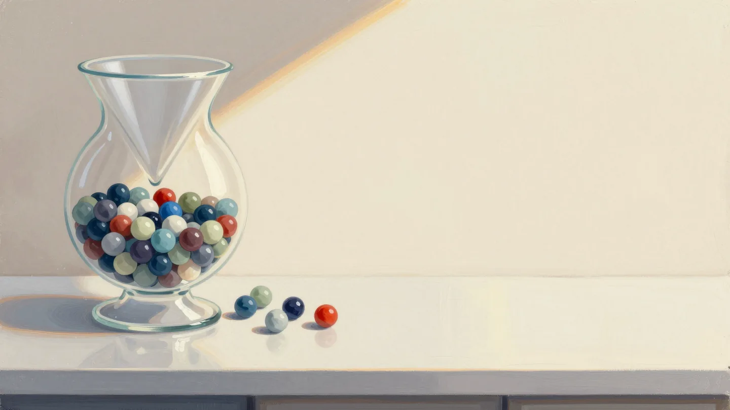 Marbles jammed at the narrow neck of a glass funnel, more rolling toward it