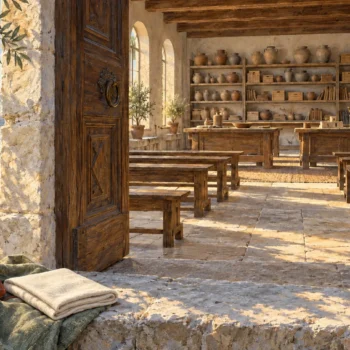 Open wooden courtyard doors reveal pottery, books, wooden boxes and orderly empty benches in a craft hall.