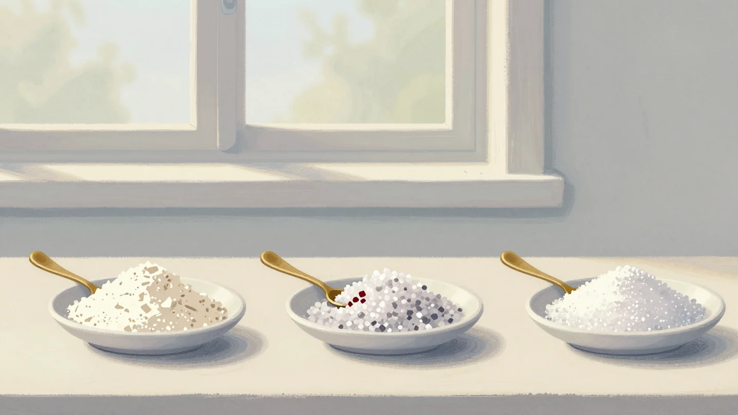 Gouache painting: three identical white saucers on a counter each hold a small white mound that looks the same from a distance