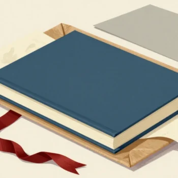 A blank cloth-bound book representing SQL Server Wait Stats, in an open paper parcel with a red ribbon, brass stamp and blank paper.