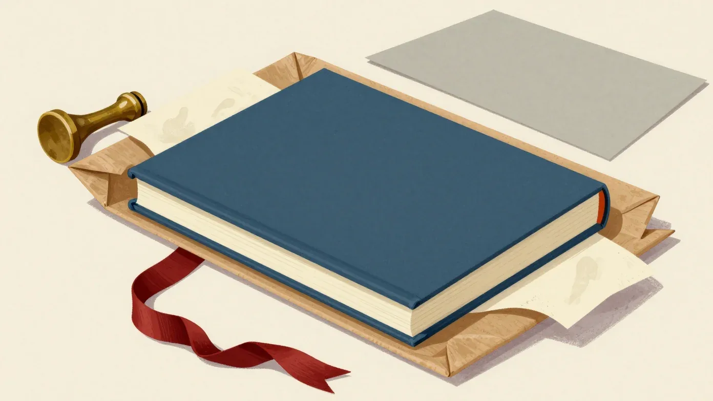 A blank cloth-bound book representing SQL Server Wait Stats, in an open paper parcel with a red ribbon, brass stamp and blank paper.