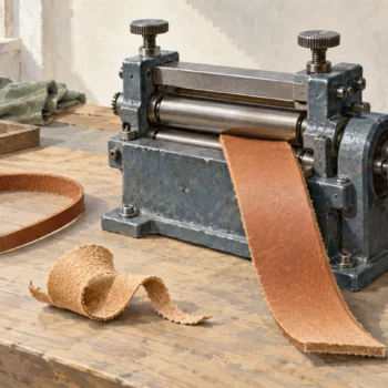 A leather splitter beside a finished thin strap and a new thick strap waiting at its rollers