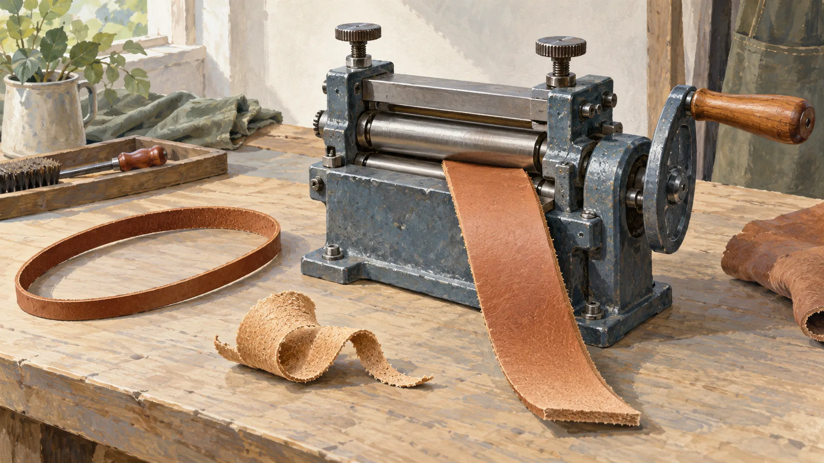 A leather splitter beside a finished thin strap and a new thick strap waiting at its rollers