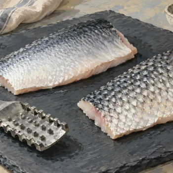 A fish scaler beside two headless fillets with smooth and overlapping scaled skin