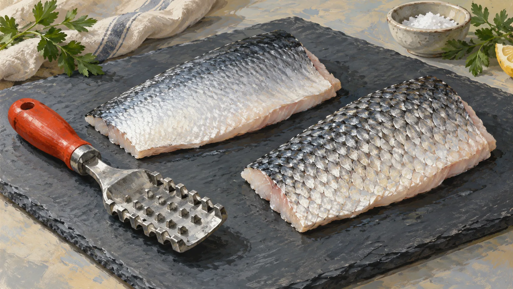 A fish scaler beside two headless fillets with smooth and overlapping scaled skin