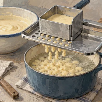 A fitted spaetzle maker shapes pale batter into evenly sized pieces