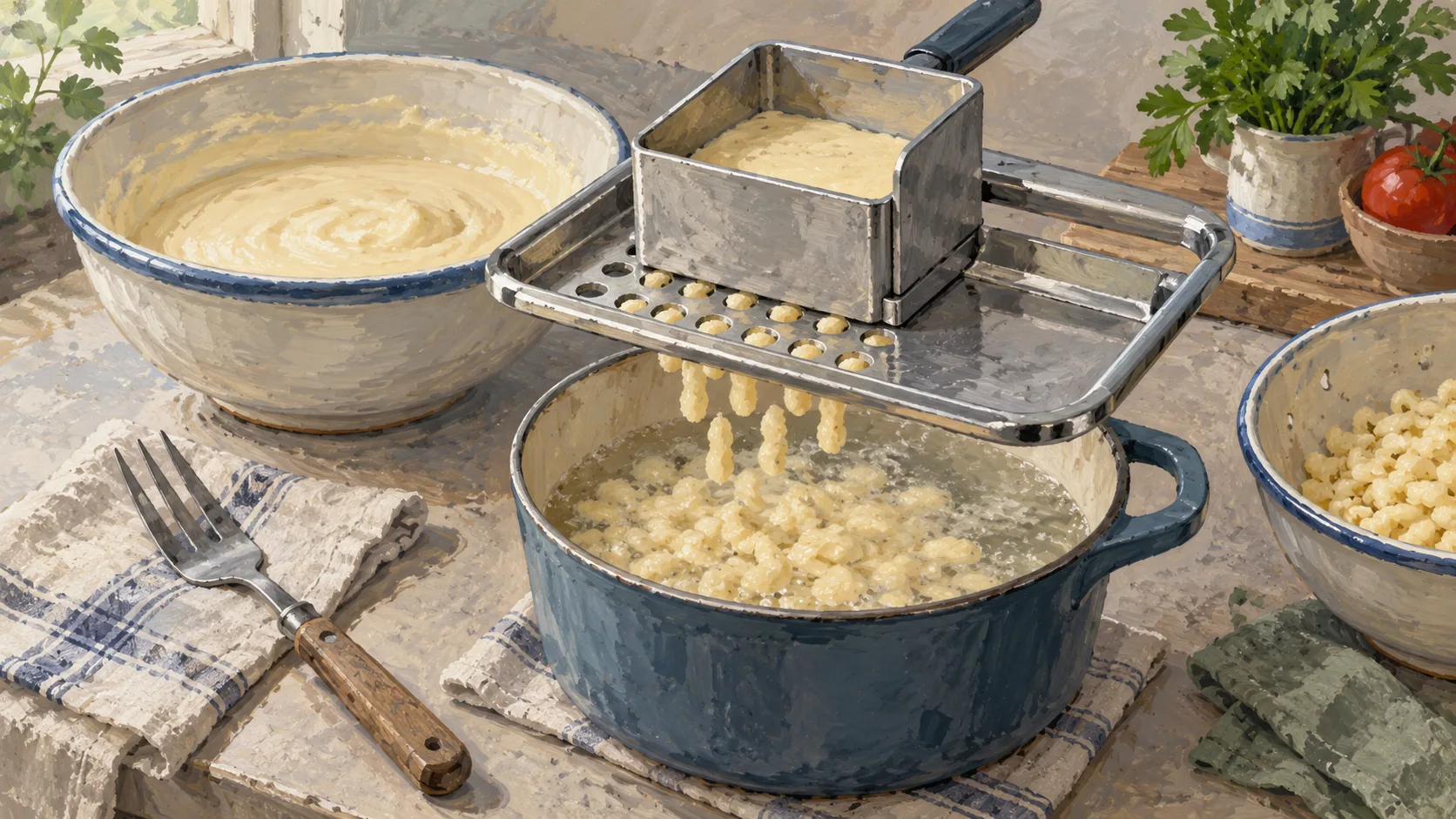 A fitted spaetzle maker shapes pale batter into evenly sized pieces