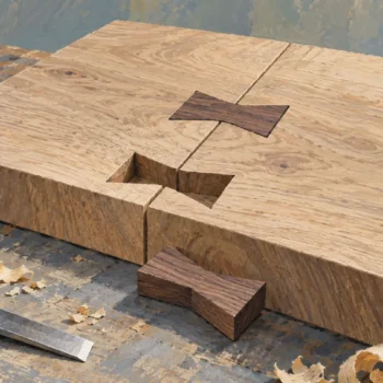 One dovetail spline is removed while another still joins two wooden boards