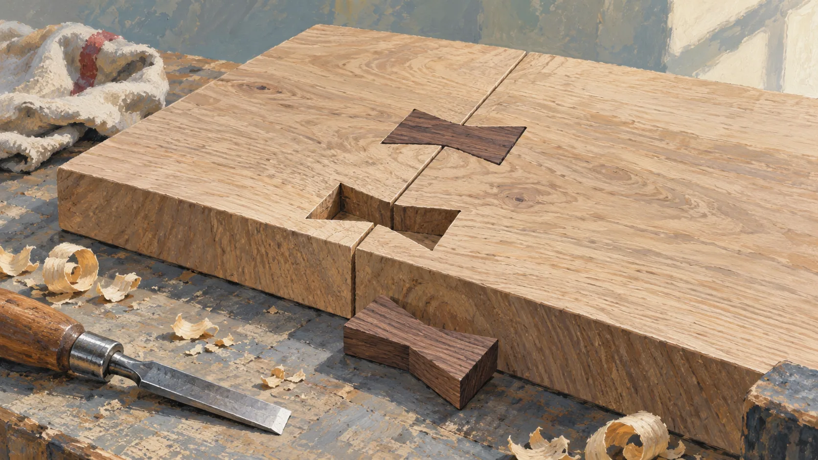 One dovetail spline is removed while another still joins two wooden boards