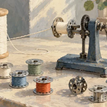 A bobbin winder beside threaded and empty bobbins with a separate source spool