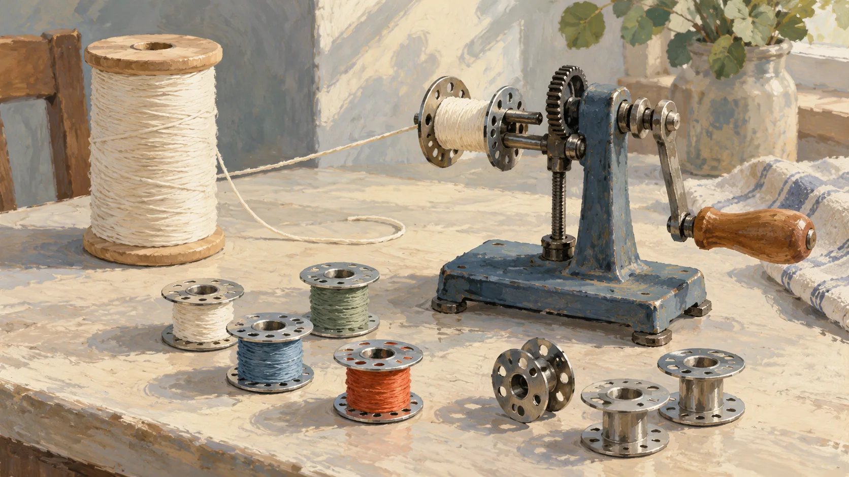 A bobbin winder beside threaded and empty bobbins with a separate source spool