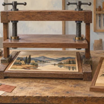 A marquetry press beside panels assembled loosely and directly within a frame
