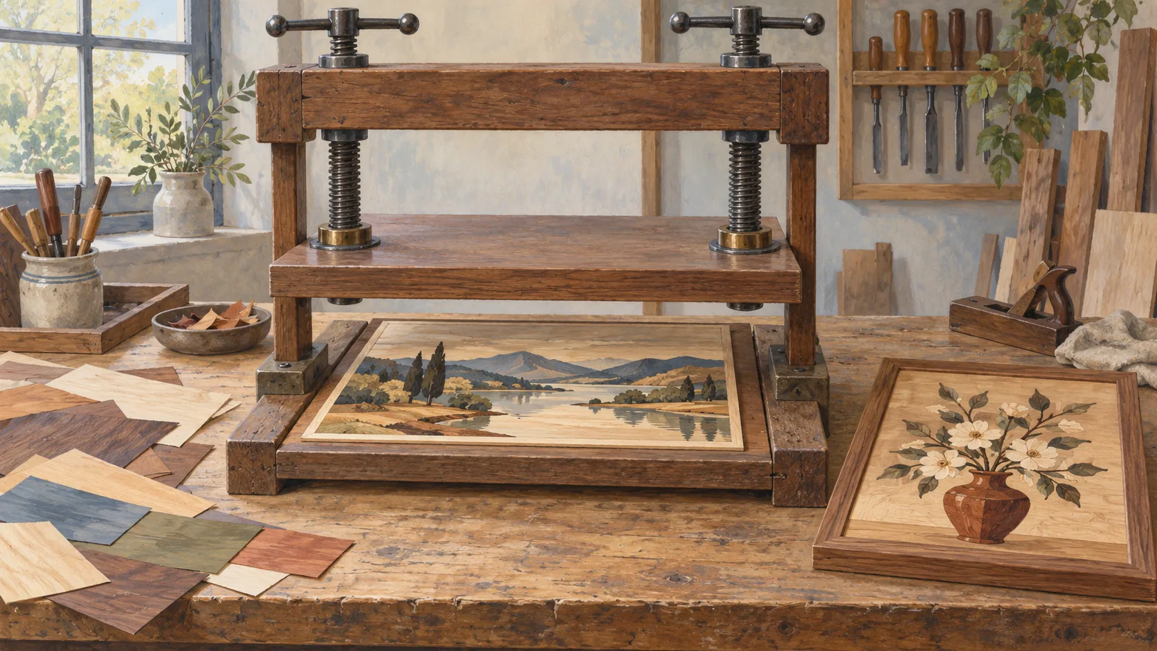 A marquetry press beside panels assembled loosely and directly within a frame