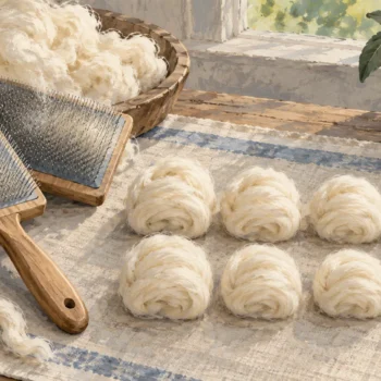 Wool carders beside eight nearly equal bundles of cream wool