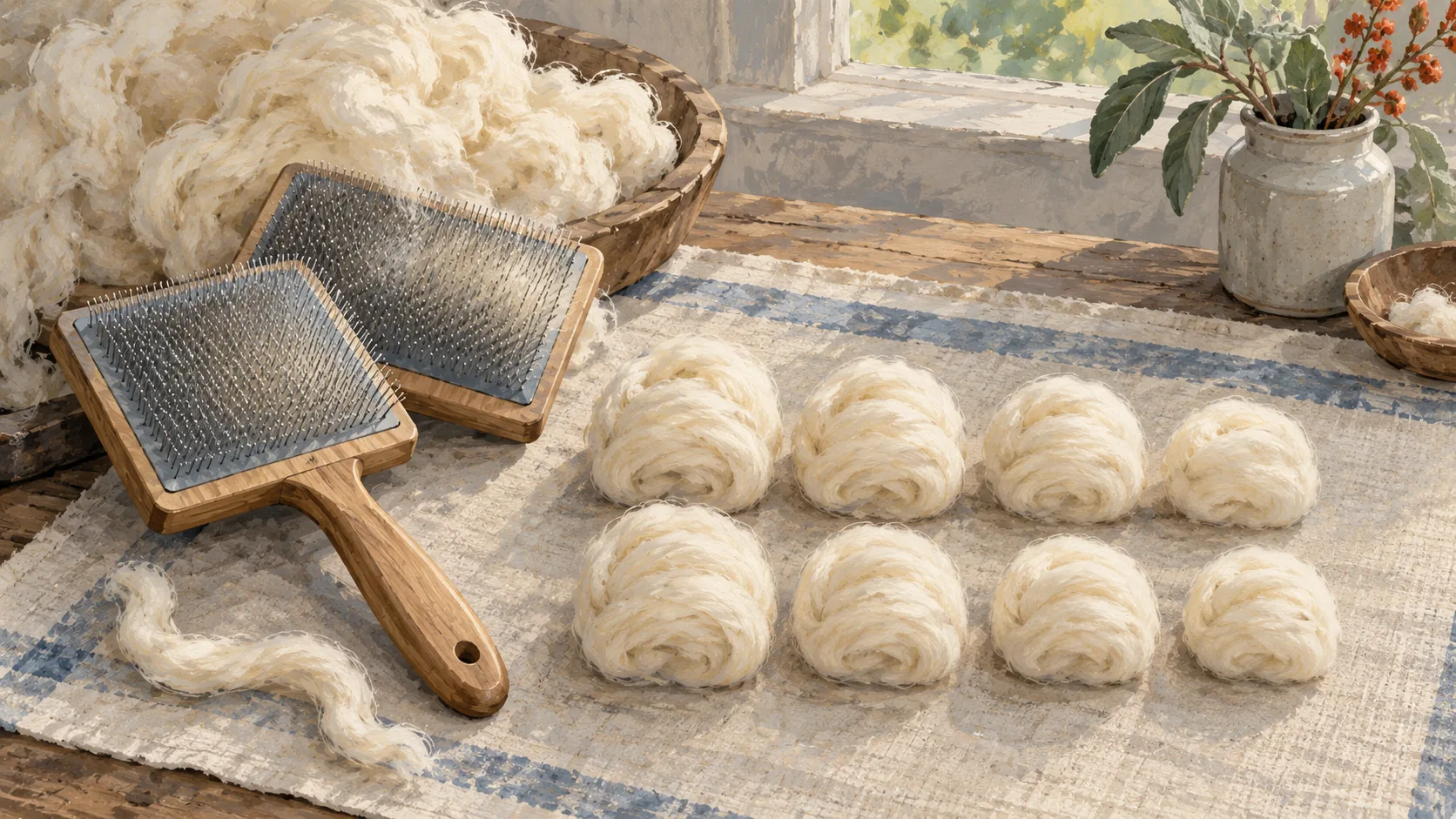 Wool carders beside eight nearly equal bundles of cream wool