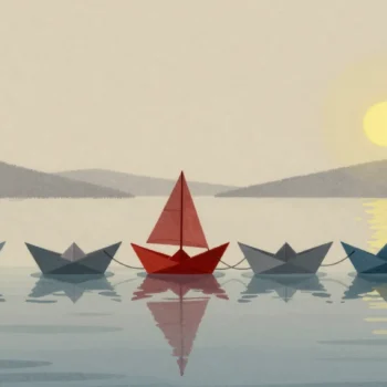 Gouache painting: a row of nine small paper boats on still water, each tied to the one before and the one after by a thin cord; the middle boat has a vermilion sail