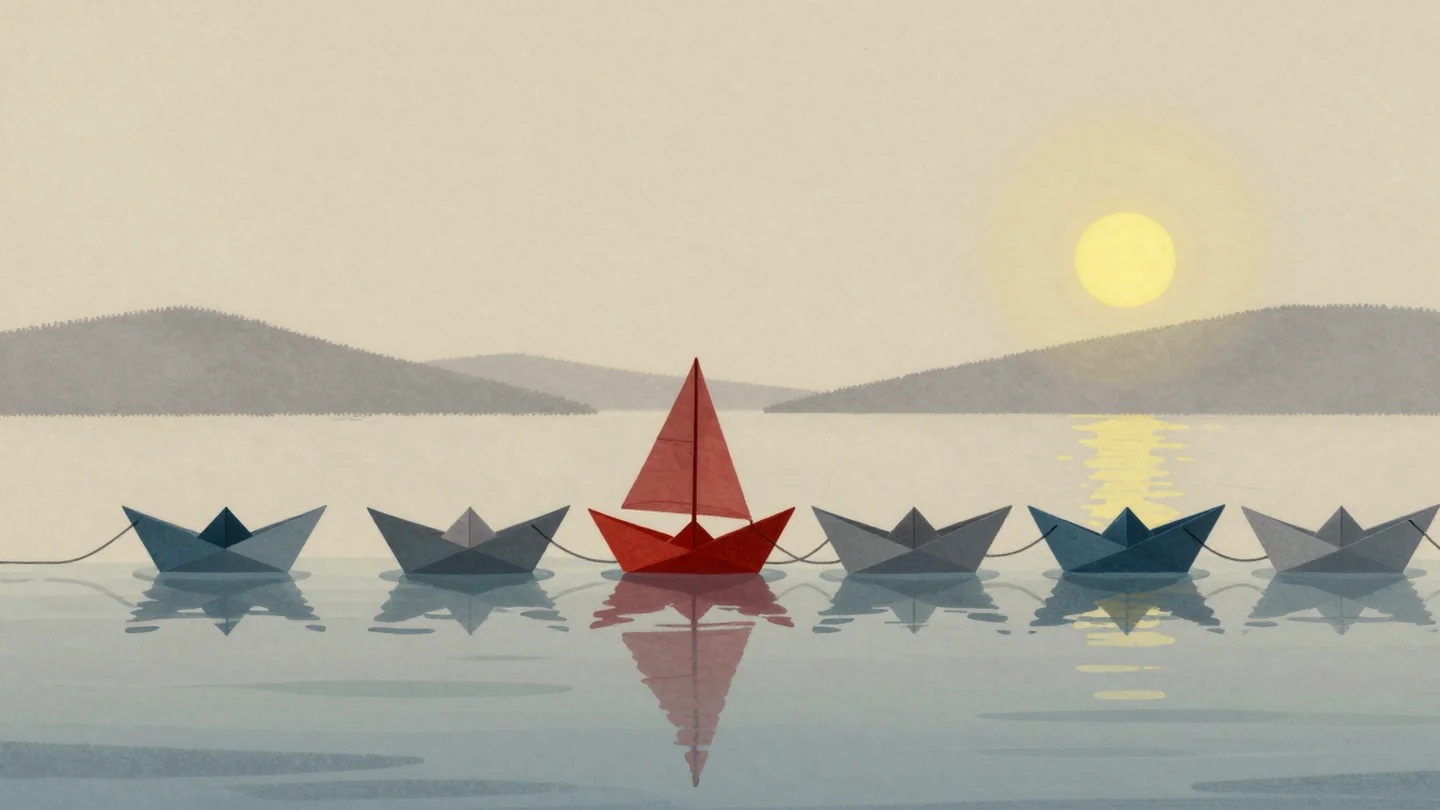 Gouache painting: a row of nine small paper boats on still water, each tied to the one before and the one after by a thin cord; the middle boat has a vermilion sail