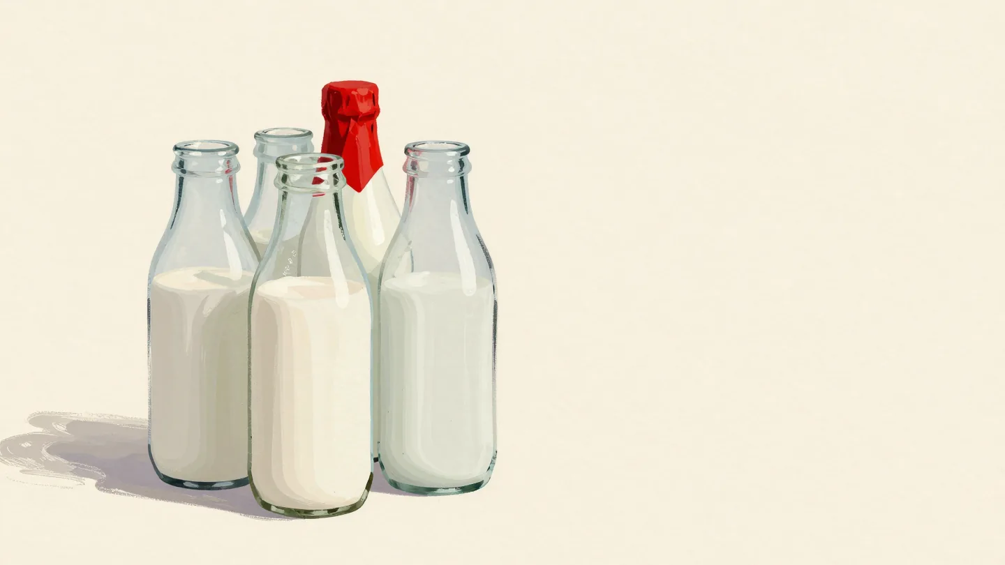 Rinsed empty milk bottles on a doorstep at dawn waiting for reuse, one still wearing a red foil cap.