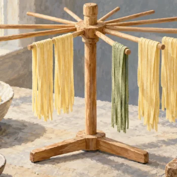 Pasta strands arranged along a drying fan, with neighboring strands and a clear group gap
