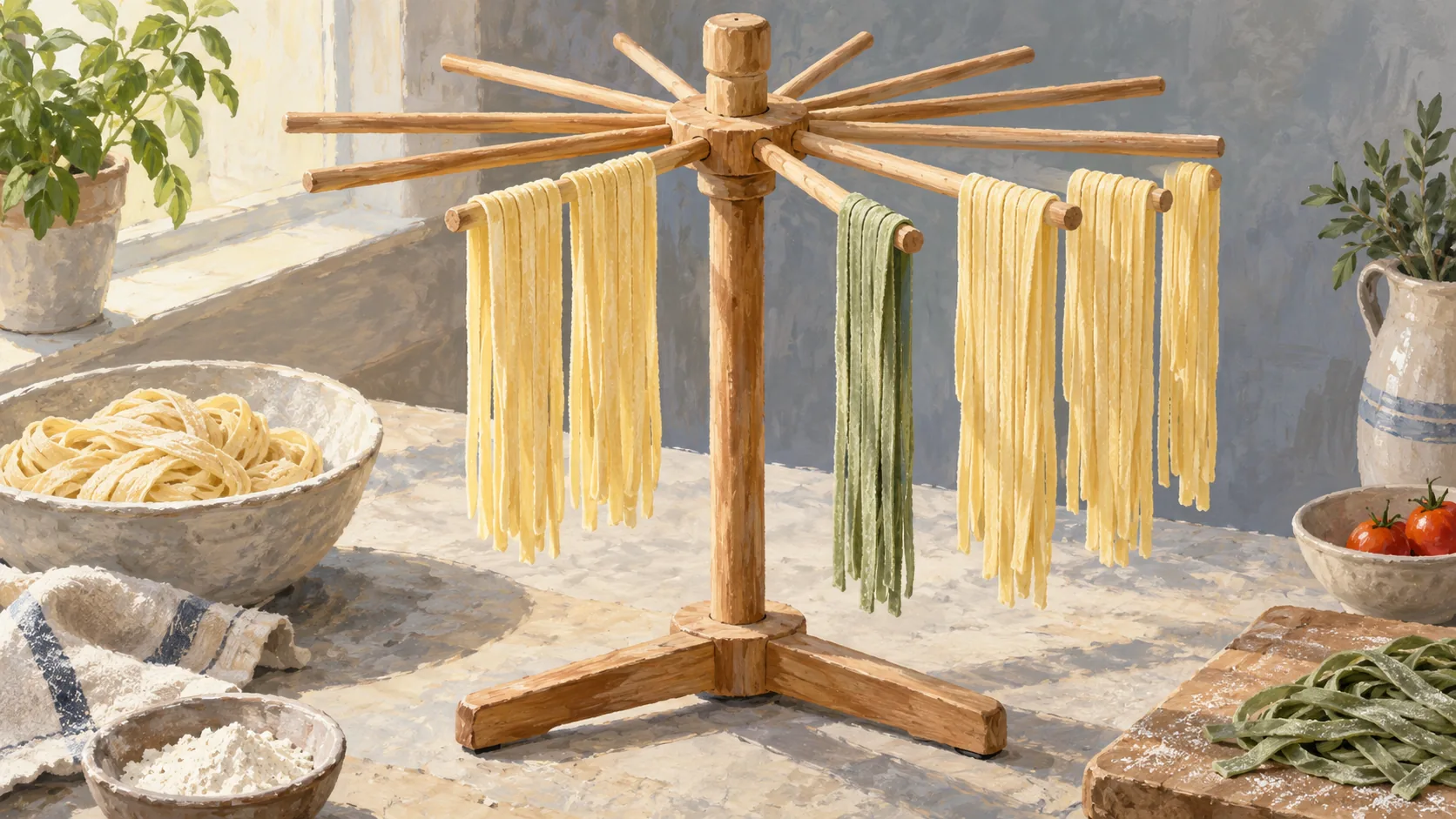 Pasta strands arranged along a drying fan, with neighboring strands and a clear group gap