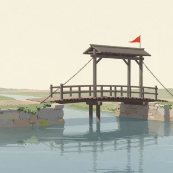 A wooden drawbridge being lowered across a moat toward an open stone gateway
