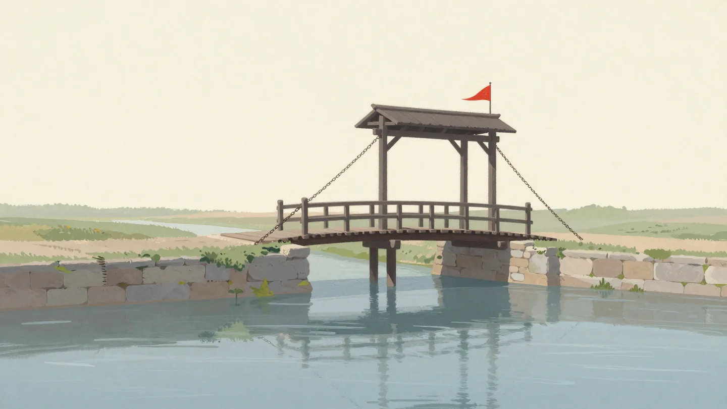 A wooden drawbridge being lowered across a moat toward an open stone gateway