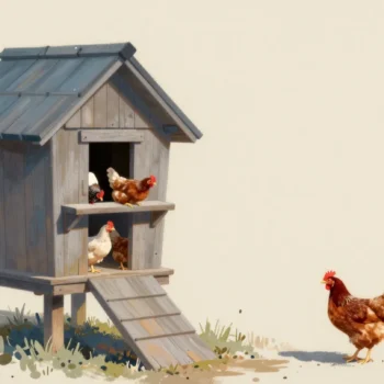Hens filing up a ramp into a wooden coop at dusk while one small red hen wanders alone in the yard.