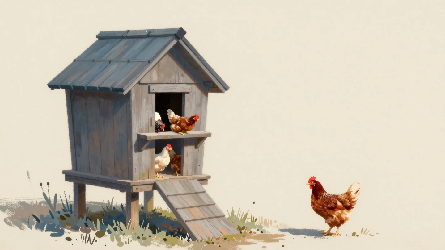 Hens filing up a ramp into a wooden coop at dusk while one small red hen wanders alone in the yard.