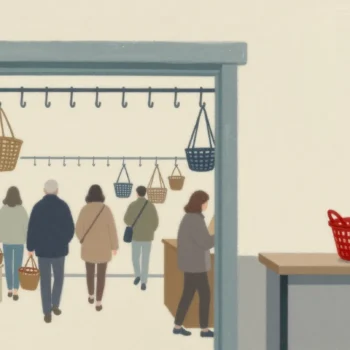 An empty basket rack at a shop door, every basket out on the floor, one red basket unused