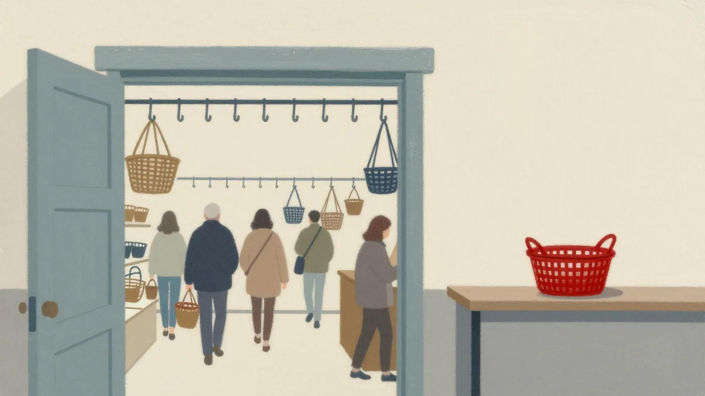 An empty basket rack at a shop door, every basket out on the floor, one red basket unused