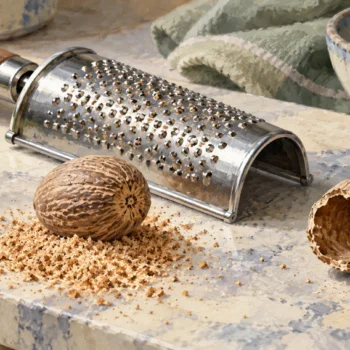 A nutmeg grater beside a sound nutmeg and a cracked empty shell