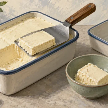 An ice cream spade lifts one portion from a full tub beside an empty tub