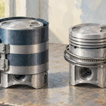 A ring compressor encloses one piston while another piston remains outside its boundary