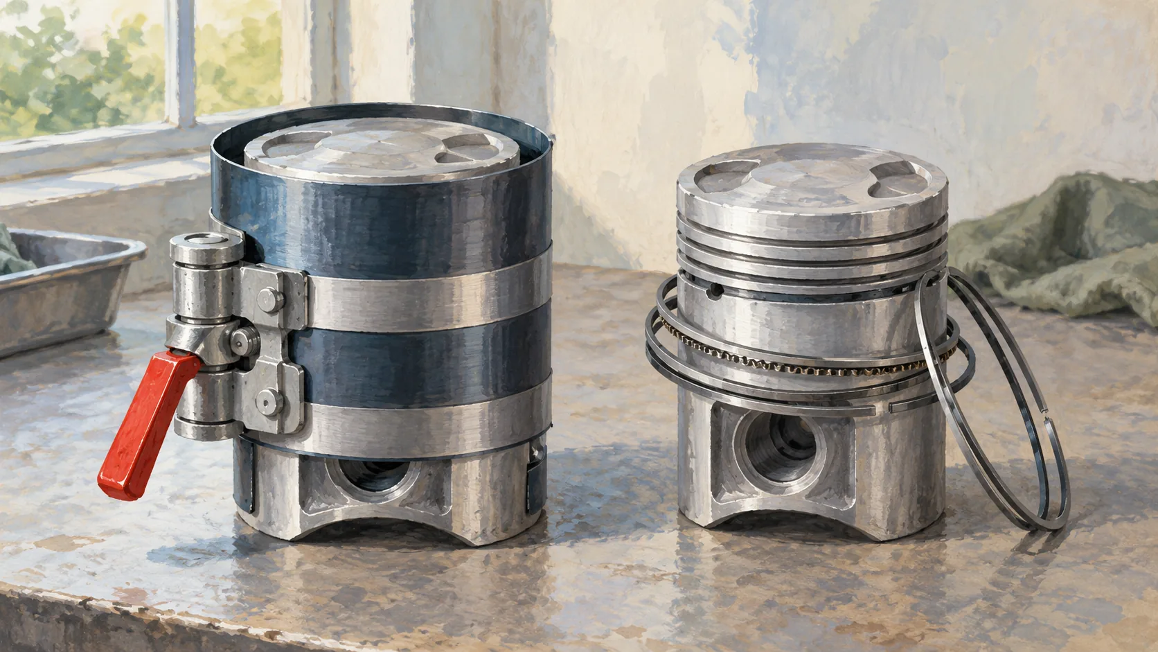 A ring compressor encloses one piston while another piston remains outside its boundary
