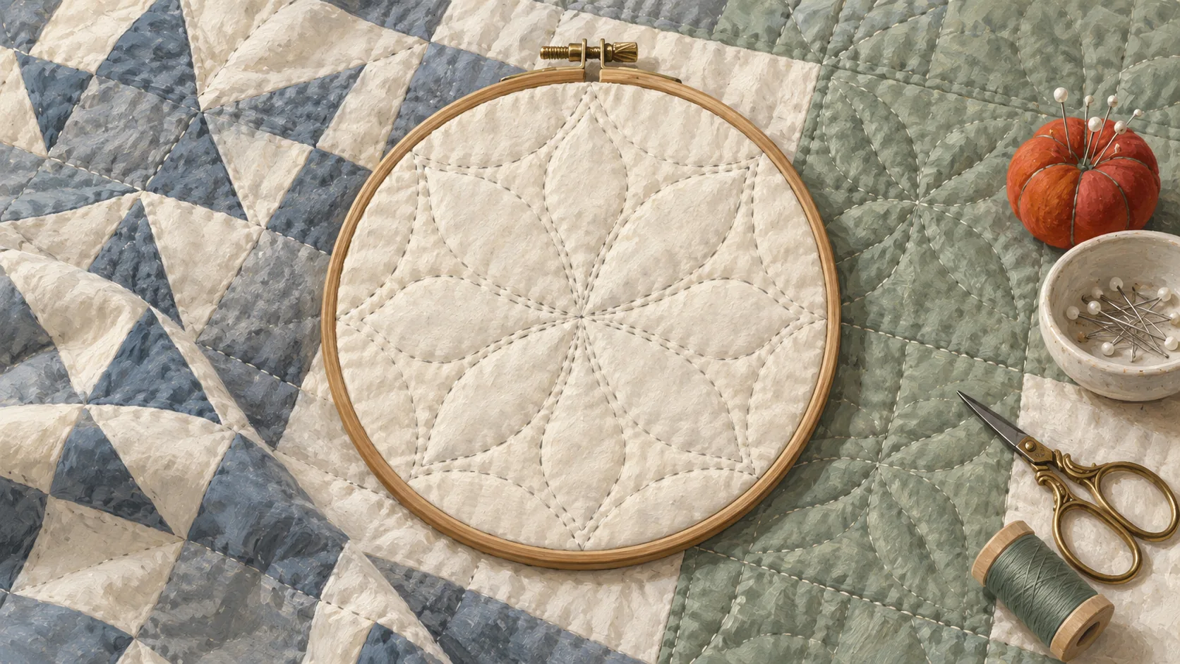 A quilting hoop holds a quilt with adjoining pale and sage fabric sections