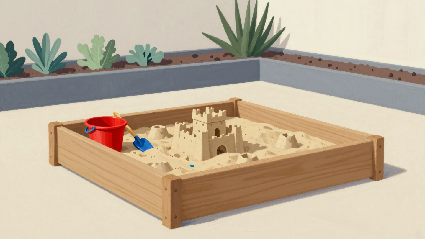 A backyard sandbox with practice castles and a red pail, fenced off from neat vegetable beds