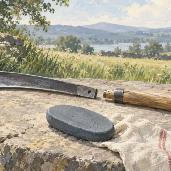 A scythe stone beside aligned blade and handle parts with their fitted joint visible
