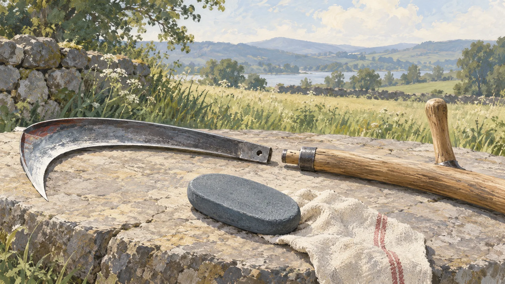 A scythe stone beside aligned blade and handle parts with their fitted joint visible