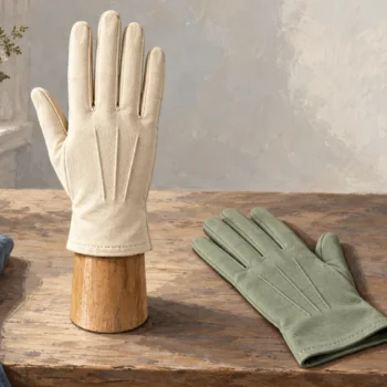 A wooden glove former beside two differently colored gloves with matching outlines