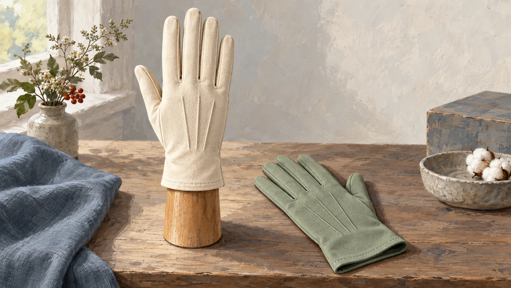 A wooden glove former beside two differently colored gloves with matching outlines