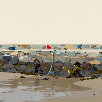 A stone harbor wall at low tide with a dark band of seaweed marking the high water line, a coil of rope on the quay.